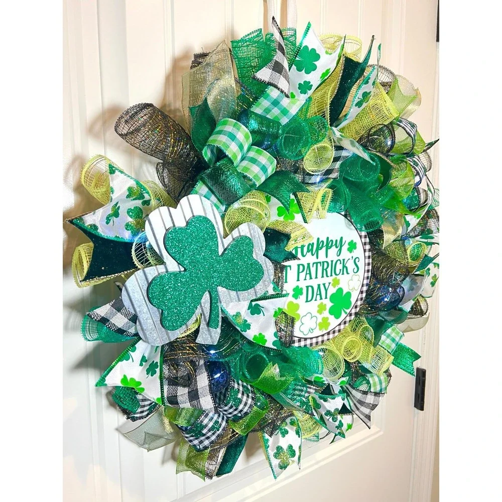 Handmade Happy St. Patrick’s Day Ribbon Prelit Wreath 22 ins LED W7